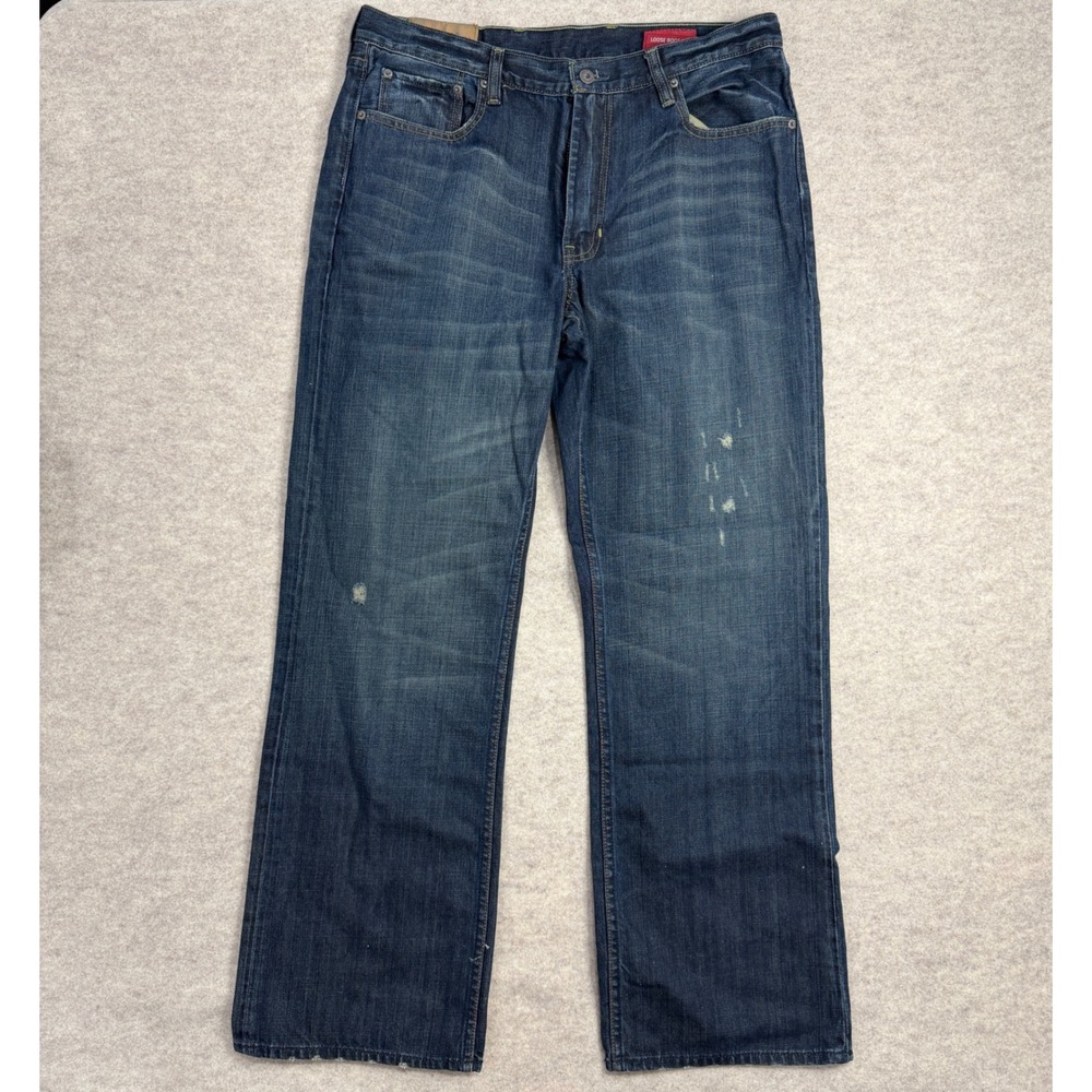 Gap 1969 Mens Loose Boot Fit Jeans Dark Wash Denim 36x34 Distressed Button Fly